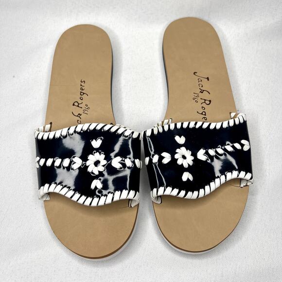 Jack Rogers Sanibel Midnight Blue White Patent Leather Slides Sandals 8 M - Picture 1 of 12